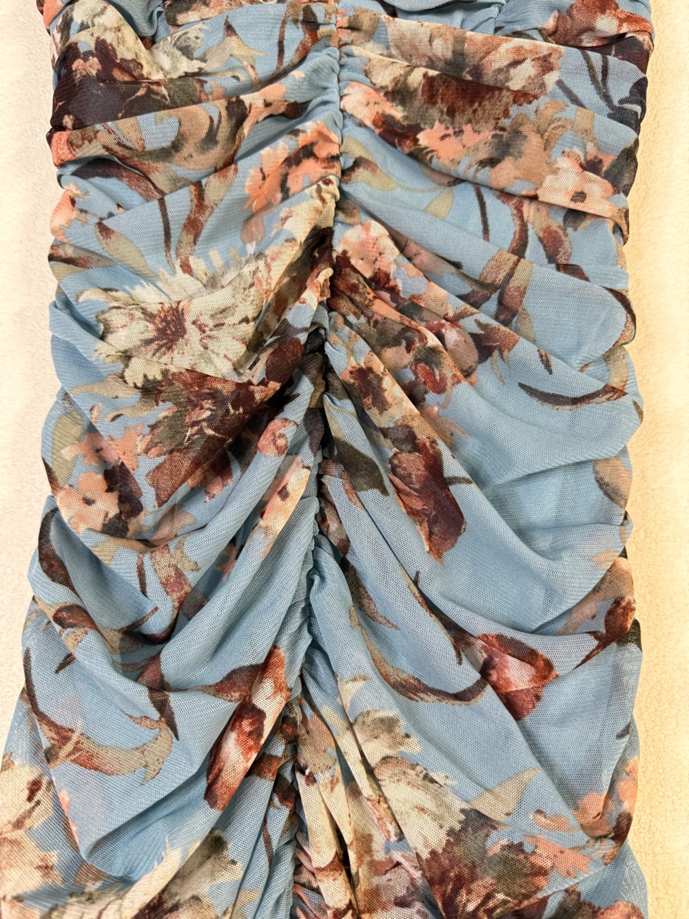 Garden Path Blue Floral Print Mesh Ruched Bodycon Mini Dress - Picture 5 of 7